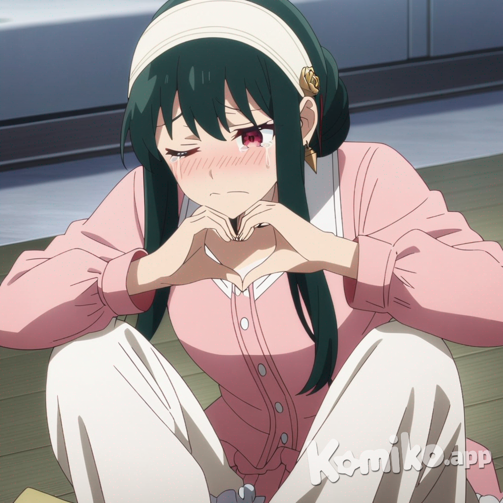 Yor Briar, 2.5d style, celluloid, anime coloring, sitting on the ground, heart hands, depressed, crying, disappointed, one eye closed, lace, pajamas, anime screencap
