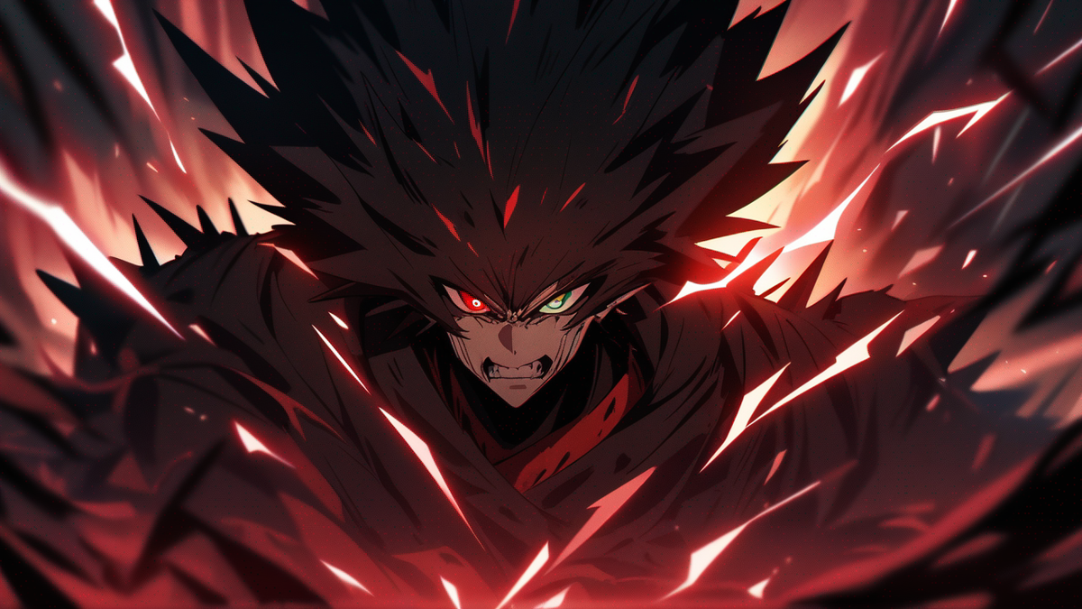 Intense anime character, spiky dark hair with a bold white streak. Heterochromatic eyes—one green, one red—with a fierce, determined expression. Wielding a sword with both hands. Surrounded by dramatic red energy or lightning effects. Scene is extremely dark, dominated by deep shadows and red tones, creating a powerful, ominous, and dramatic atmosphere. Highly detailed, dynamic lighting, anime style, masterpiece, best quality.