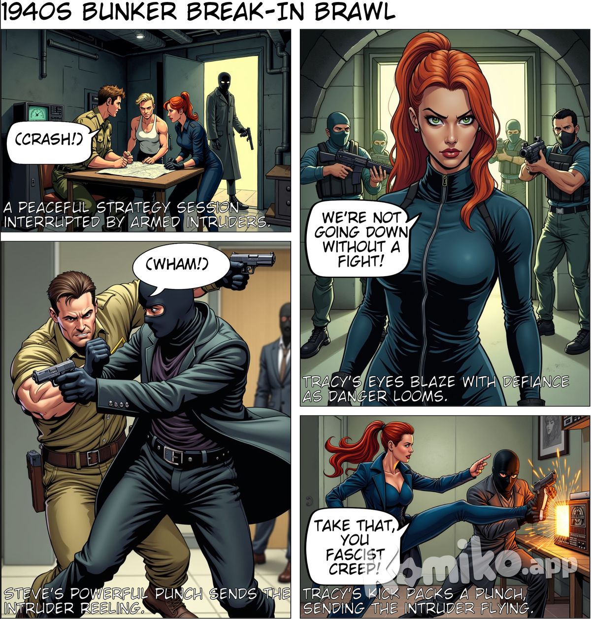 SET IN THE 1940S SUDDENLY MEN WEARING MASKS BREAK INTO THE UNDERGROUND BUNKER THEY HAVE GUNS AND WOMEN STEVE JACK TRACY PUNCH ONE OF THE MEN AND KICK THEM