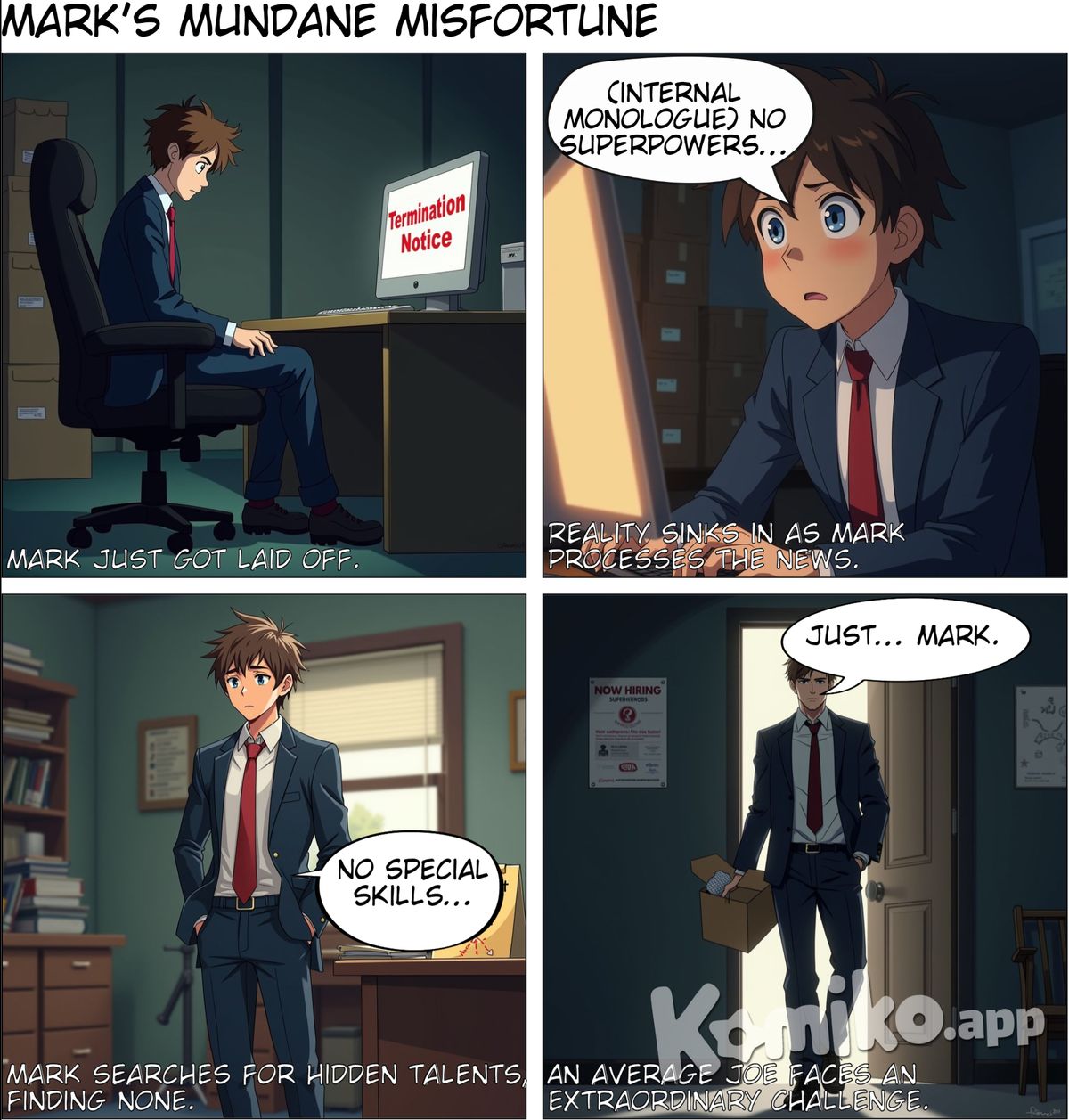 Setting: A gloomy office, cluttered with boxes. A computer screen reads "Termination Notice". Character: MARK (late 20s, average build, wearing a crumpled suit), looking dejected. Caption: "Mark just got laid off. No superpowers, no special skills... just... Mark."