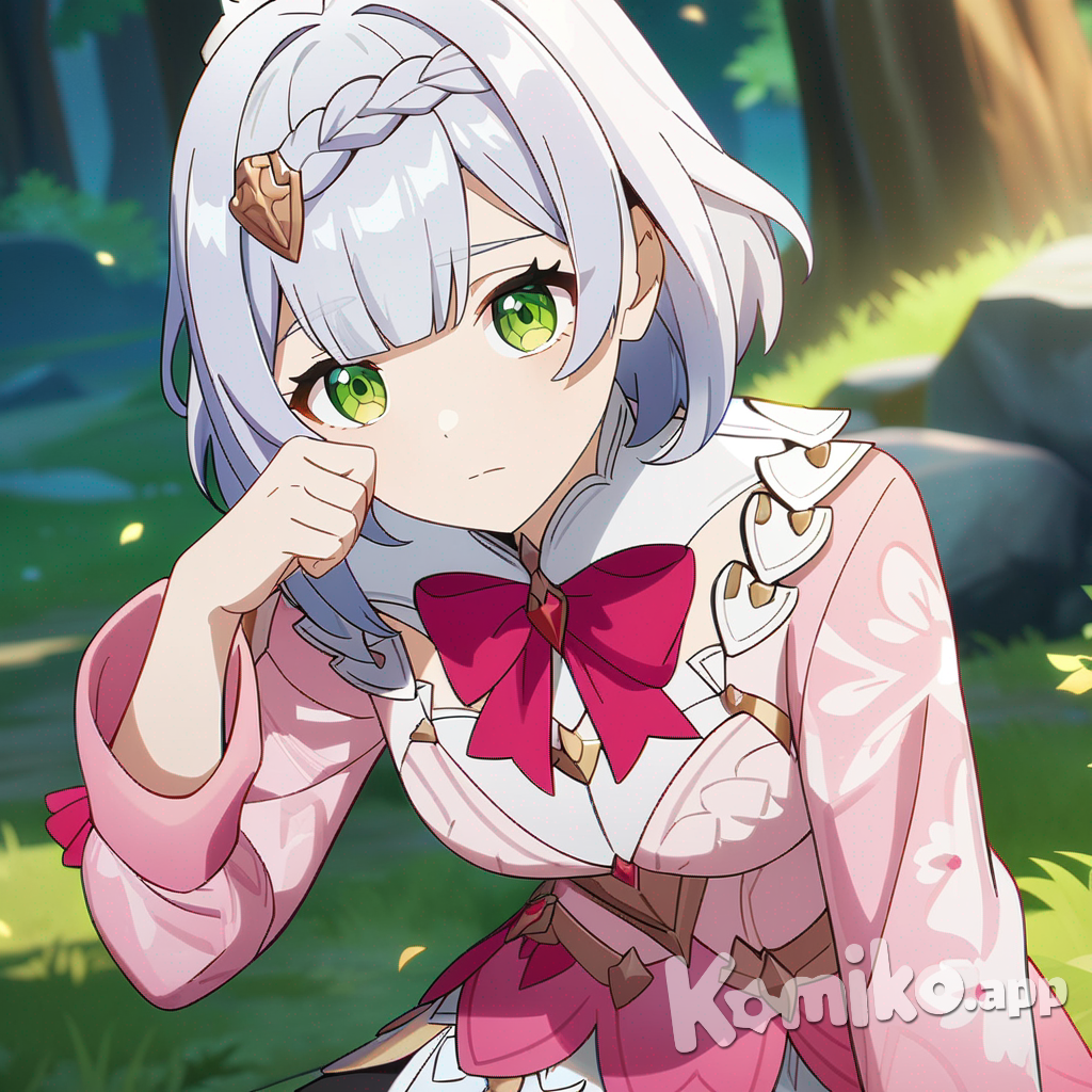 Noelle (Genshin Impact), anime coloring, Genshin Impact style, celluloid, anime screencap, sitting on the ground, wiping tears, pointing at viewer, lace, pajamas, cowboy shot, ambient light, forest
