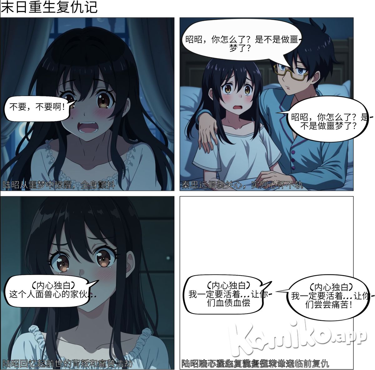 “不要，不要啊！”  陆昭全身剧烈颤抖着，惊恐的从床上醒了过来。  她眼睛睁的很大，大滴大滴的汗水从额头鬓角滑落，可原本应该围拢过来的大波丧尸却没了踪影！  “昭昭，你怎么了？是不是做噩梦了？”磁性的男声就响在耳边。  一双温暖的大手也同时附上陆昭的后背，让她精神再次一紧，并警惕的往后躲了一下。  转过头，陆昭看了一眼抱着被子坐在身边的男人，表情不受控制的抽了抽。  噩梦？  刚刚的事情真的只是一场噩梦？  当然不是的！  那种被丧尸层层包围，一口一口撕下皮肉的滋味，四肢被扯断，犹如五马分尸一般的疼痛，陆昭到现在全身都麻木的都不像自己的身体。  看到陆昭抗拒的表情，秦思远眸中飞快闪过一抹不易察觉的怒火，不过他很快就隐藏掉了这种情绪，温声细语的哄着她。  “昭昭，你还没能完全接受我吗？”  “对不起，昨晚我不是故意要冒犯你的，只是太爱你了，迫不及待想要得到你。”  “但你不同意，我愿意尊重你……”  “唉，我以为咱们都订婚了，你就不会对我这么抗拒的，看到你这样我的心都碎成了渣。”  随着秦思远自说自话的表演，陆昭也同时记起了起了在末世前的生活。  这时候她和秦思远从谈恋爱到订婚，已经快有一年了。  而这一年里，秦思远曾经无数次提出，想要一亲芳泽，突破最后一道防线，共赴巫山。  可都被陆昭拒绝了。  陆昭骨子里是个传统的女人，在她的教育认知里，只有真正结婚了，等到新婚夜才能突破那一层薄薄的阻碍。  昨天陆昭和秦思远一起来到小镇上度假，秦思远居然又动了小心思，说好提前订两间房间的他，居然只订了一个房间。  因为天色太晚了，找不到别的住宿，再加上秦思远保证只乖乖睡觉不会对她做别的事，她才心软答应下来。  没想到半夜，秦思远兽性大发，想要对她霸王硬上弓。  要不是陆昭性子烈，又加上学过一段时间跆拳道，还真可能让他得逞。  看着眼前这个带着金丝框眼镜，面色白皙，一脸委屈和幽怨盯着自己的男人，实则是个人面兽心斯文败类。  现如今可不就抱着被子假装委屈，还忍着兽欲穿衣服想躺在自己的床上。  为的不就是让自己放下防备，然后落入他蓄谋已久的圈套里吗！  她没想到，她还能有重生的机会，再一次见到这个人面兽心的家伙。  半年后，伴随着天灾人祸不断，末日降临整个蓝星。  金钱名利，在末世变得一文不值。  只有实力和物资才是末世生存的根本。  “昭昭我知道错了，你别生气了好不好？我也是因为太爱你了，才一时没控制住自己。”  看她迟迟没反应，秦思远深情不渝的说。  伸出手想要将她抱进怀里，再一次被避开了。  眼神微微闪过一丝怒意，眯了眯眼，举起手保证：“昭昭，我答应你，这是最后一次好不好？你就原谅我这一次好吗？”  他委屈的盯着她看，好像陆昭是个负心汉一样。  看着他这副深情款款的模样，陆昭一阵反胃，全身的细胞都在抗拒着。  她永远也忘记不了，眼前这个深情款款，对她情深不移的男人，会背叛她，甚至为了讨好夏雪莹亲手将她推向丧尸群。  看着他就像看到一张张腐烂，散发着恶臭的丧尸，狰狞咆哮着在她身上撕扯，咬着她身上每一寸血肉，啃食着她身上的骨肉。  永远也忘不了，夏雪莹依偎在他怀里，耀武扬威的说出那些残忍的话。  “陆昭，你知道吗？我讨厌你仗着家里有几个臭钱，总是一副高高在上施舍的表情。明明我跟思远才是真心相爱的，却因为你不能光明正大的在一起……”  “你好姐妹也该死，居然想把我跟思远的事告诉你，所以我和思远一不做二不休，买通了杀手，制造了一场车祸。”  “你的干女儿蜜蜜，也是我们趁你出去寻找物资的时候，拿她换了一箱矿泉水……”  “那一家人已经好久没吃过肉了，蜜蜜才五岁，细皮嫩肉的，他们一定很满意吧。”  “这些还不够，我本来想把你送给别的男人，让他们蹂躏你致死，可是……思远……他居然对你还有情……哈哈……真是可笑……”  “不过……我还要谢谢你，要不是你让给的这个手镯，让我意外获得空间，思远也不会这么听我的话，终于舍得对你下手了……”  ……  夏！雪！莹！  耳边回荡着临死前，夏雪莹嚣张恶毒的笑声。  让她恨意滔天。  她恨！  恨自己蠢。  居然信了夏雪莹和秦思远的甜言蜜语，一个是她的未婚夫，一个是她的好闺蜜。  也是亲手将她推向上丧尸群，被成群结队的丧尸啃食血肉。  最可恨的是，她居然对蜜蜜和她从小玩到大，最好的姐妹下手。  为什么自己那么蠢，居然一点也没发现秦思远和夏雪莹两个人的恶毒心思。  对了！手镯！  既然她重生回到末世的半年前，她还有时间改变自己的命运，保护蜜蜜。  ……  一个熟悉的旋律，打断了她的回忆。  秦思远拿起床头柜上面的手机看了一眼，脸色微变，转身温柔的对她说：“昭昭，公司有点事，我先去接个电话，你别胡思乱想好不好？等我打完电话带你去小镇上逛逛。”  余光从他手机上看了一眼，夏助理三个字。  原来这么明显，她以前居然一点也没怀疑。  看着眼前的男人，拿着手机跟情人通着电话，还能假意温柔的哄着自己，可真是难为他演技这么出色，不给他一个奥斯卡小金人都对不起他。  陆昭深吸一口气，压抑着自己抗拒的恨意，僵硬的点了点头。  现在还不能撕破脸，既然他们那么喜欢演，那她就陪他们好好的演一场戏，不然怎么对得起上辈子惨死的自己和蜜蜜她们。  末世，她一定要活着……活的好好的。  让这对狗男女亲眼看着她，自己上辈子经历的痛苦，全数奉还……