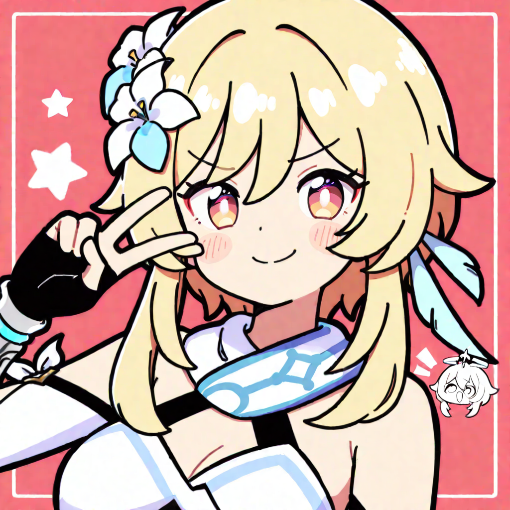 1girl, Lumine (Genshin Impact), v sign, kurororo rororo, aliceyawnin, aragon honninm, artsy-rc, lk149, chibikki, chibi, gradient eyes, upper body