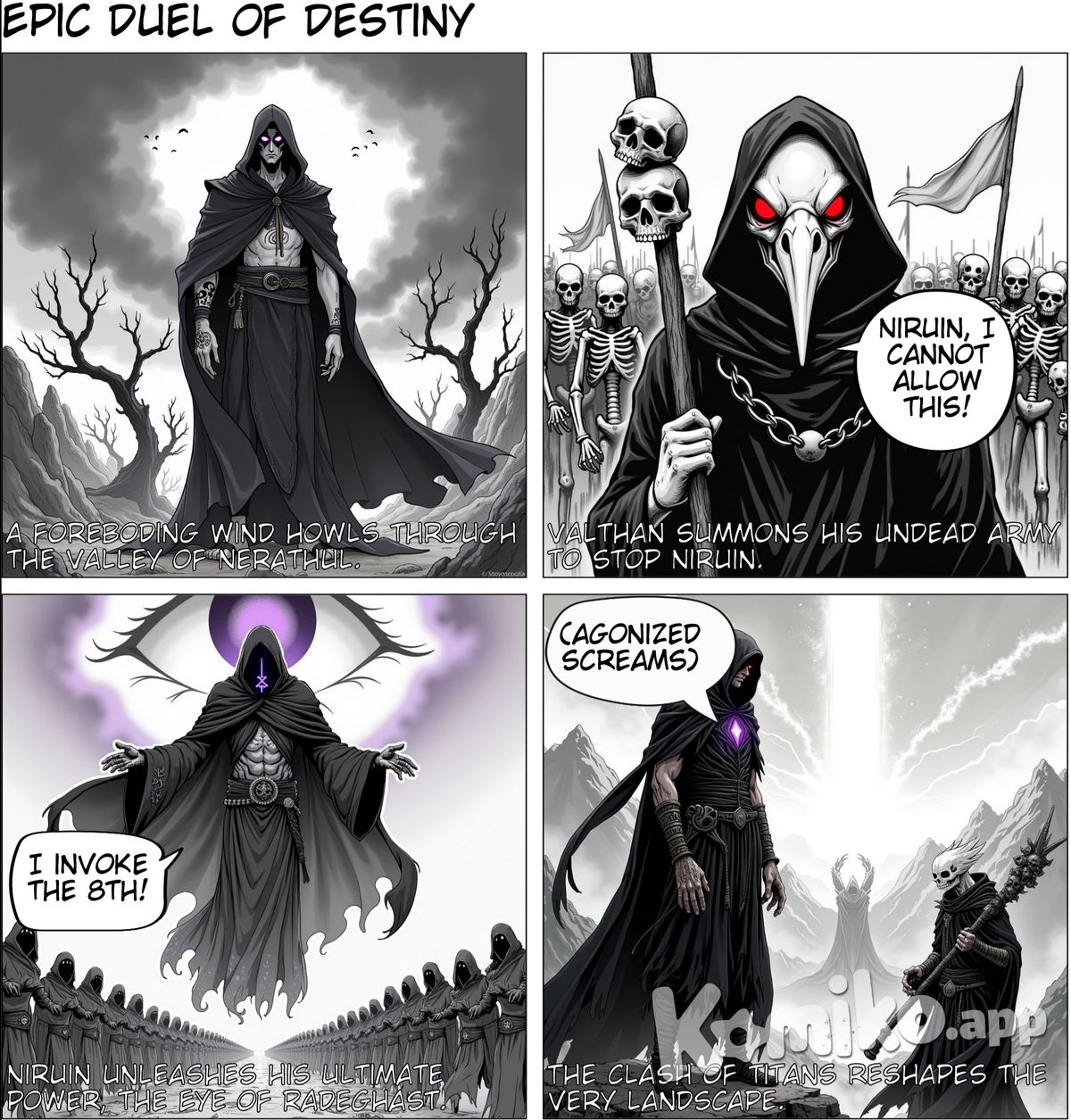 A strong wind was blowing within the valley of Nerathul, Niruin the black hooded figure was slowly going north towards the Selunian forest An overcast of clouds was muting the sun making the day look gloomy. After some time the wind stopped howling, Niruin slowly lifting his gaze with his purple eye glowing. Knowing who he would face.  "Niruin" - Said the calm yet intimidating plague doctor Valthan "I cannot allow you to do this Niruin, it is not of destiny's choice but yours, do not tamper with it" - Said Valthan while slowly exhaling through his mask  "Even though the Realm almost crumbled we held it together, and all of you achieved your goals. All of you even though scarred have something to hold on to." - Said Niruin as his voice slowly turned gained a growling tone. "Where is mine? Am I the only one that needs to live aimlessly? Does my sacrifice have to be the most impactful one? I've succumbed enough to this everlasting cycle and you my friend will not stop me." Said Niruin angrily Niruin slowly lifts his hood and slowly puts the palm of his hand on his left glowing eye The sky starts to twist and a massive eye is being created in the midst of the vortex in the clouds  Valthan the plague doctor lifts his hands and an army of ghouls and skeletons rise from the earth He was preparing for Niruin's trek across the valley  "Then let's see what you've got!" Shouted Valthan "This ends now!" Niruin's voice echoed Valthan lifted his hands and started chanting Niruin knew that Valthan was a powerful necromancer Summoning ghouls and skeletons from the ground With a flick of his hand, Niruin released a shockwave of pure force, sending the ghouls and skeletons flying. Niruin had no time to rest, for Valthan was upon him. Niruin blocked Valthan's attacks with his sword , but the lich's army was limitless. For every ghoul and skeleton Niruin dispatched, three more would take its place. Niruin had no choice but to retreat, but he couldn't. He couldn't turn back, not after everything he'd been through. "Give it up, Niruin. You can't defeat me. If you keep this up, you'll only get yourself killed. You're not thinking straight." Valthan said, but Niruin ignored him. Instead, he channeled his magic through the eye in the sky Slowly starting to levitate above, Valthan did not wait All of his undead army stopped and jumped towads Valthan Slowly creating a massive body of meat and bones with Valthans upper body protruding from its chest Niruin's eye in the sky started to glow bright purple, the eye of the Radeghast lineage giving him the ability to see the magic points of Valthan Niruin screamed " I will not let you have this Valthan!" Niruin whispers the words "I....Invoke...the....." A massive light comes from Niruin's location darkening the sky and crushing the mountains in the valley pushing them aside The titan slowly aims with its palms at Niruin whilst hes whispering the incantation All of the bodies that are inside the titan aim with their fingers Casting finger of death on Niruin  A hail of magic is going towards Niruin, he swiftly creates a barrier with his left hand holding all of them The barrier is cracking slowly and breaks But Niruin still holds the magic with his palm, the writings on his arm shine brighter and brighter Niruin is screaming as hes holding on to dear life. A massive explosion happens at Niruin.  "Zolvas....I am sorry....no one should live through this.....but this is the only way...." Says Valthan looking down at the place of impact And where Niruin fell. Valthan is sensing something, he slowly looks up. The giant eye of Radeghast is still active looking at him. The pupils starts to shrink and out of a sudden a massive black slice cuts down the giant Valthan falls down and as he looks through the smoke The silhouette of Niruin standing with one arm torn. And his right eye glowing with anger The black silhouette that is Niruin again whispers  "I.........invoke......the 8th." A massive surge of energy appears around Niruin competing with the horizon At that moment Valthan realized, Niruin was a good wizard he knew magic An exemplary conjurer and abconjurer, not many existed But there was one thing that was leagues above everyone else One thing that even the Gods are swaying away with their sights Niruins everlasting indomitable soul Which is lighting the whole valley and continent Slowly walking towards Valthan Valthan removes his broken mask, his black unfurl and his red eyes gaze upon certain death Niruin is still slowly walking towards him And the first time in ages Valthans heart bursts out of fear, knowing the outcome Wondering what will happen to Kayleena his beloved whom he protects inside a phylactery  As those thoughts come to mind Niruins steps out of a sudden cannot be heard And in the blink of an eye Niruin his silhouette with a ravenous glowing right eye looks upon Valthan from close One massive slice was made that day, that split the mountains and cut down everything in front of Niruin  Valthan now on the ground with his body cut across till his chest Breathing heavily looks upon the rising sun that is illuminating him As the sun rises a shadow appears over him, Niruin slowly lifts his right palm With his eye glowing and the writing on his arm still shining brightly Niruin is staring at Valthan and whispers "I am sorry my friend" And Valthan closes his eyes The last thing he remembers was Niruins footsteps fading away He had failed, he was not strong enough to stop Niruin. His beloved Kayleena was gone. He had tried so hard to save her, to protect her. But he was too weak, and now she was gone forever. As the sun rose higher and higher, Valthan opened his eyes one last time to see the sky. He thought back to his past, when he was alive and not a lich. How he met her, the love of his life, and how he had tried so hard to save her and make sure that she lived. He had failed her, and now he would die, never to see her again. Niruin stood over him, his right eye glowing bright purple, and his right arm covered in blood. Valthan knew he was finished. He closed his eyes and remembered the life he had once lived, the love he had once known, and the world he had once seen. As the sun rose higher and higher, the last thing Valthan saw was a dark figure walking away.