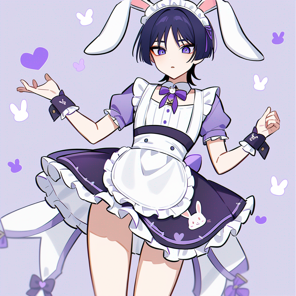 Scaramouche (Genshin Impact),solo, lolita maid, hybrid costume, highleg, purple and white checkered skirt, frilled skirt, pannier, white frilled apron, bunny tail on apron, rabbit embroidery, purple mini bonnet, bunny ears on bonnet, lace ribbon, white Peter Pan collar, large purple ribbon tie, heart rabbit charm, white overknee socks, purple garter belt, lace trim, purple platform Mary Jane shoes, white lace gloves, rabbit pouch, pearl necklace, hair ribbon, blushing, lolita fashion cafe background, simple background, teacups, desserts, frills, ribbons, ((slipping, stumble, fall forward)), dynamic pose, falling objects, spilled tea, tea cup, flying cake, strawberry shortcake, tray, motion blur