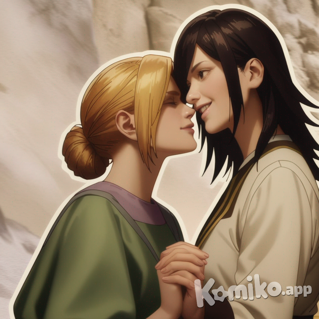 Krista Lenz, Annie Leonhart, holding hands, kissing, evil smile, realistic, anime screencap, thick outline, front profile photo, cowboy shot
