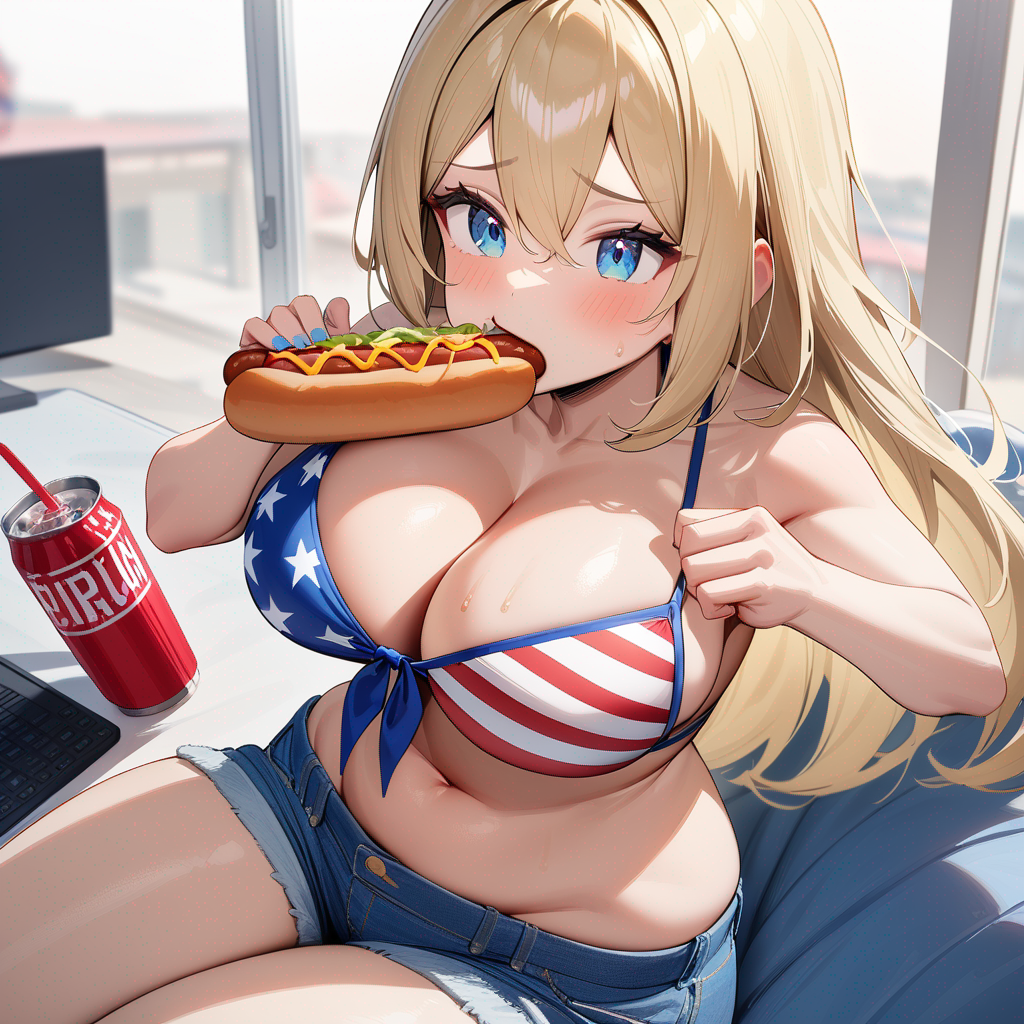 4th Of July-Chan With Long Blonde Hair, Hair Between Eyes And Blue Eyes With Huge Breast And Wide Hips Wearing Her American Print Bikini Top And Blue Denim Shorts Eating Her 4th Of July Hot Dogs, 4th Of July Cookies And Drinking Her Patriot Punch!