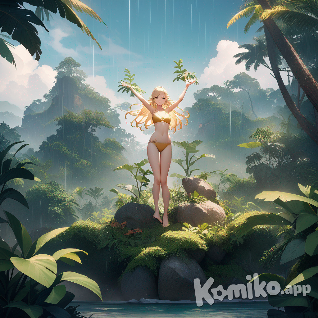 A young blonde woman stands confidently on a lush tropical island during a light rain, enveloped in a tight, yellow lace string bikini that accentuates her figure. The background showcases vibrant green foliage and a clear sky, while at her feet, the text "Luis Arcy" interlaces with playful musical notes, adding an artistic flair to the scene. Warm, ambient light filters through the leaves, casting a gentle glow on the intricate, vintage signage and patterned tiles behind her, creating a captivating and serene atmosphere.