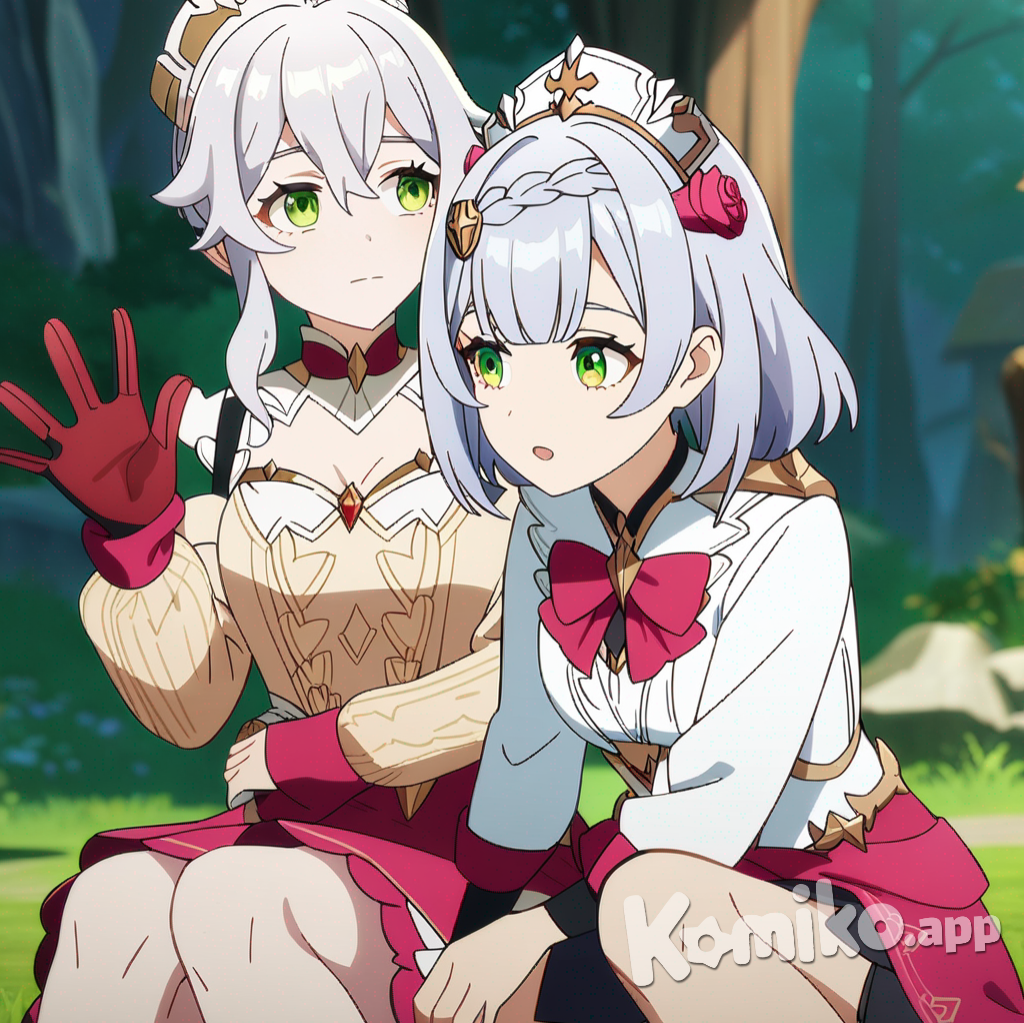 2girls, Noelle (Genshin Impact), Jean (Genshin Impact), anime coloring, celluloid, anime screencap, sitting on the ground, waving, 2people, hugging, lace, pajamas, knee-high socks, cowboy shot, cinematic lighting, forest