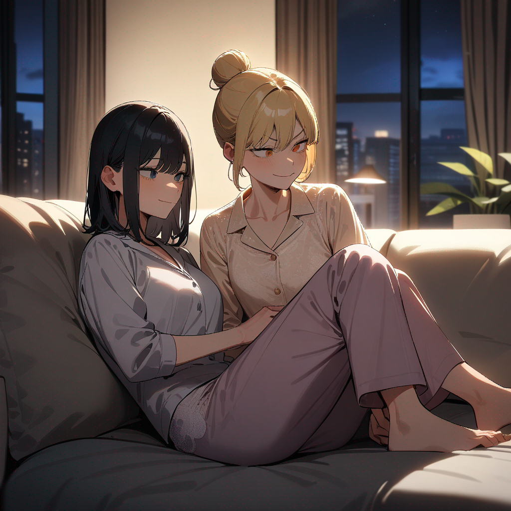 2girls, chainsaw man style, sitting on lap, smirk, lace, pajamas, blonde hair, bun, black hair, navy blue, full body, apartment living room,night, top light, 