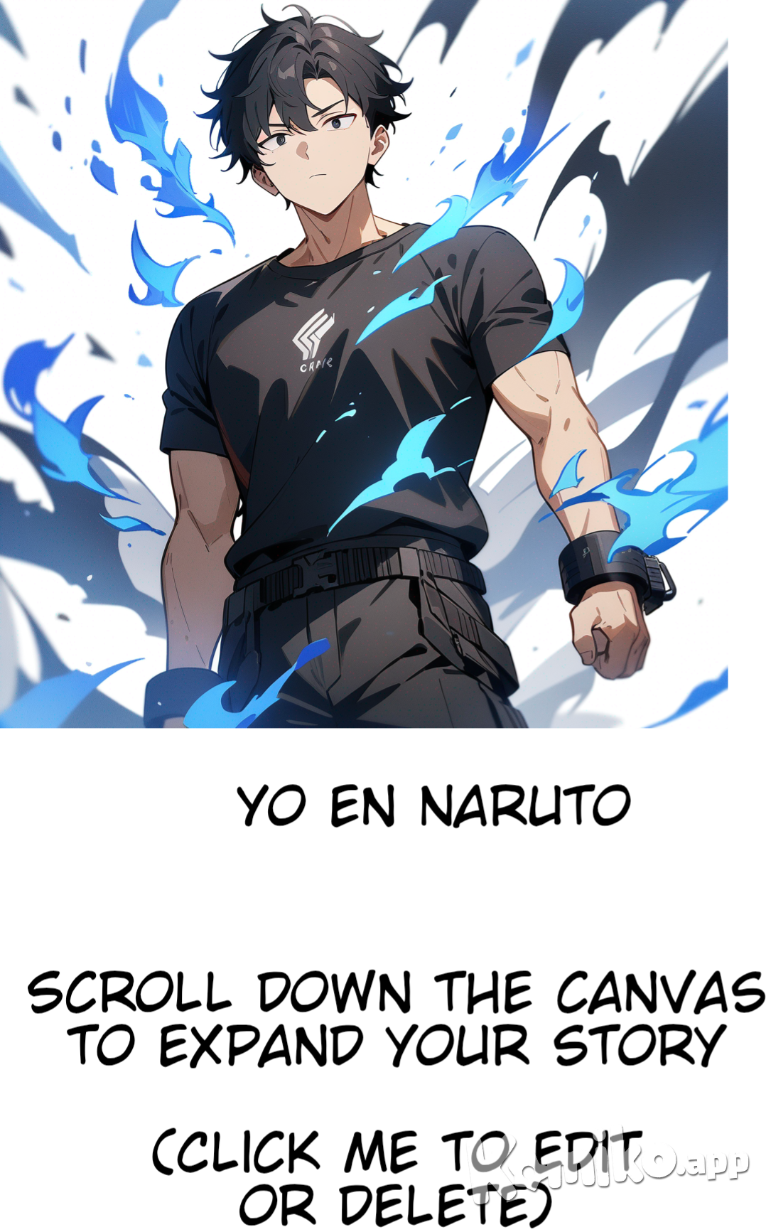 1boy, cabello negro y corto, cuerpo atlético, ojos negros, playera negra de manga corta, fuego azul en los puños, botas negras, pantalón cargo negro, single character, upper body, looking at viewer, anime style, simple background, white background