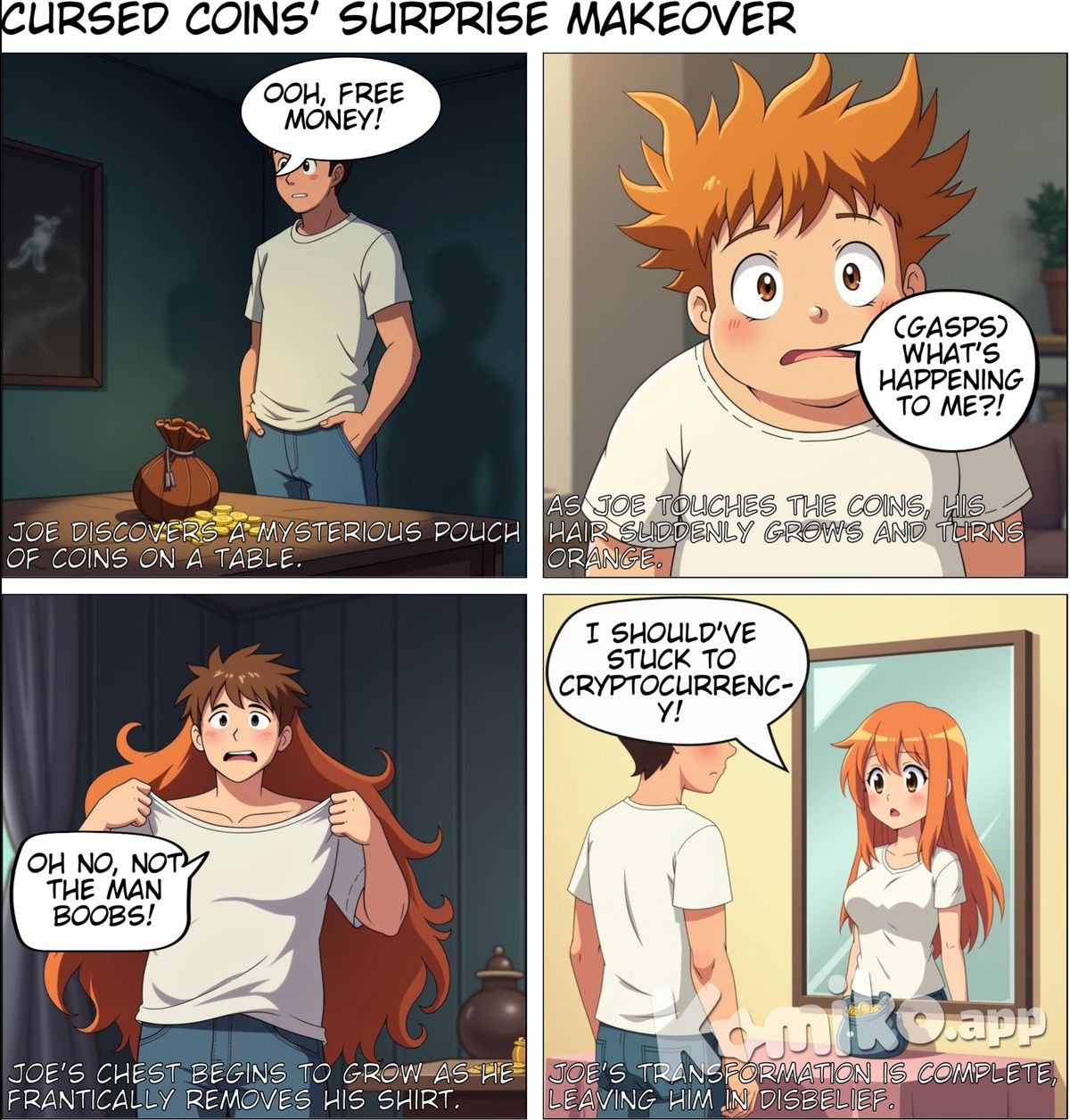 Guy found on table pouch with coin when he tried to pick them up his body started to change first his hair turned into long orange then he takes off his shirt and sees that his chest starting to grow and turning into breasts 