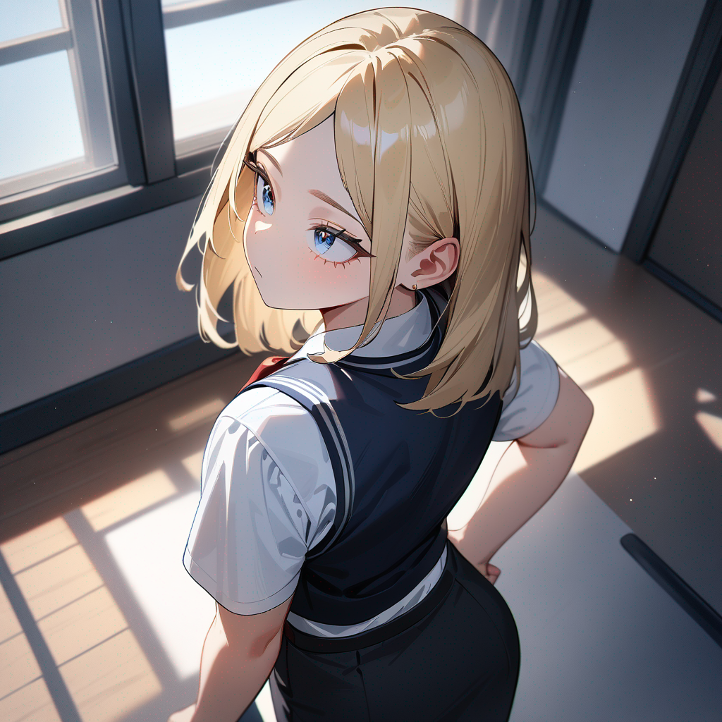 1girl, my hero academia, looking back, school vest, pencil skirt, school uniform, straight blonde hair, looking away, blue eyes, blonde eyelashes