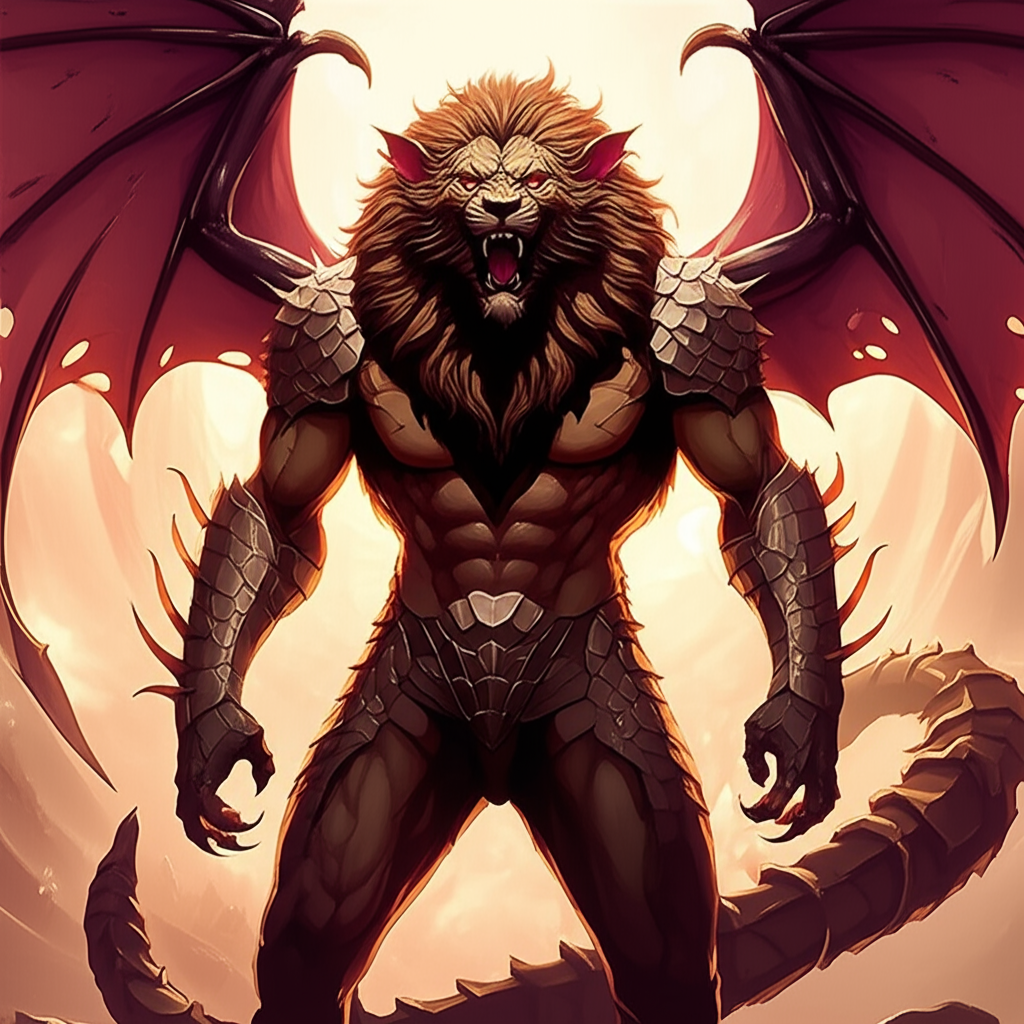 <KaelDraven-6ct9>, Manticore
Feral Form:

Spiked tail resembling a scorpion

Lion-like mane and muscular build

Bat-like wings with red membranes

Partial armor-like chitin on shoulders and arms

Eyes glow crimson, fangs exposed