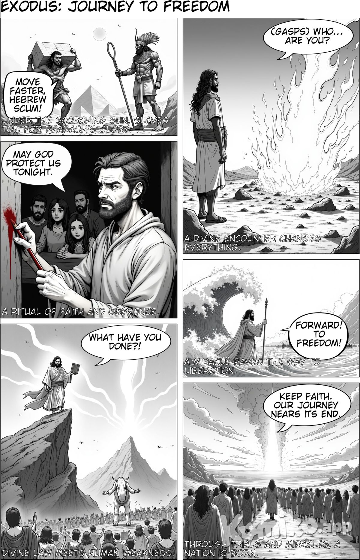 Panel 1: Slavery in Egypt  Prompt: “Ancient Egypt, enslaved Israelites labor under the hot sun, making mud bricks and carrying heavy stones. Egyptian taskmasters with whips oversee them, shouting orders. The workers look exhausted, sweating and struggling. A grand palace or pyramid is visible in the background, symbolizing Pharaoh’s rule.”  Panel 2: Moses and the Burning Bush  Prompt: “A desert scene with Moses, a bearded man in a simple robe, standing in awe before a burning bush that glows supernaturally. The fire burns brightly but does not consume the bush. The sky is dramatic, and Moses looks shocked and hesitant as he listens to God’s voice.”  Panel 3: Passover – Blood on the Door  Prompt: “An ancient Israelite home in Egypt at night. A man in traditional biblical robes carefully paints lamb’s blood on the wooden doorframe using a brush. Inside the house, a family gathers around a meal, looking solemn and prayerful. The atmosphere is tense but sacred, with a warm glow from oil lamps. In the background, Egyptian homes remain untouched, unaware of what is coming.”  Panel 4: Parting of the Red Sea  Prompt: “Moses, standing tall with his staff raised, parts the massive Red Sea, creating two towering walls of water. The Israelites, men, women, and children, rush across on dry land, looking amazed and relieved. Behind them, Egyptian chariots and soldiers pursue, caught in the swirling waters about to crash down.”  Panel 5: The Ten Commandments  Prompt: “Moses stands on Mount Sinai, holding two stone tablets inscribed with ancient Hebrew text. Lightning flashes in the stormy sky as he looks down at the Israelites below, who are either in awe or worshipping a golden calf in rebellion. The scene is dramatic and powerful, symbolizing God’s law.”  Panel 6: Journey to the Promised Land  Prompt: “A vast desert landscape where Israelites, dressed in simple robes, travel together. A glowing pillar of fire stands tall in the sky, guiding them forward. Some people look tired but hopeful. The horizon in the distance suggests a new land awaiting them.” 