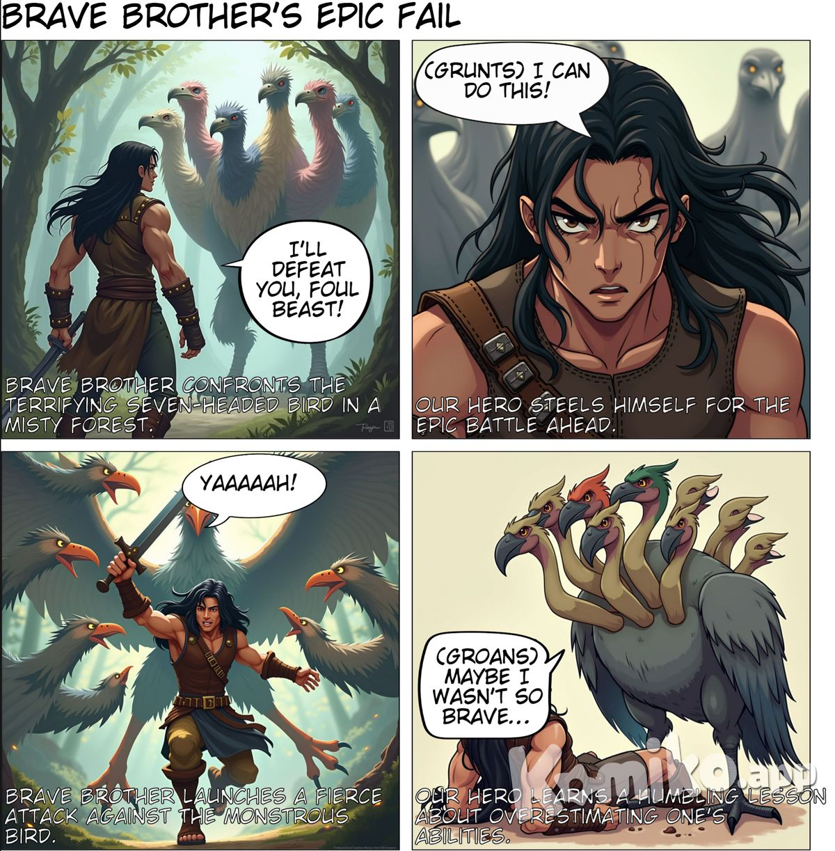 Character 0 is Brave Brother, description: A muscular young man with long, black hair. He wears leather armor and has a painful expression. The Brave Brother fights a bird with seven heads. He fought ferociously but was defeated horribly, anime style with soft pastel color and soft lighting