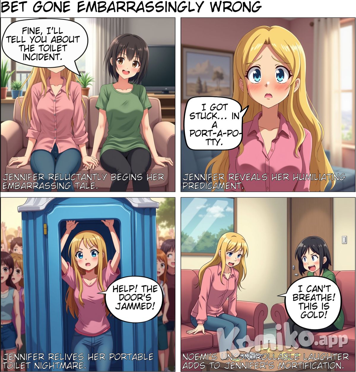 Jennifer lost a bet with her friend Noemi and had to recount an embarrassing situation she experienced.