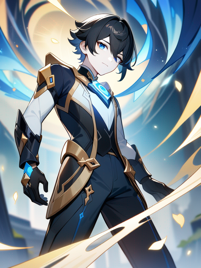 1boy, teenager, short, short hair, black hair, blue eyes, pale skin, divine suit, Genshin Impact style, original character in the world of Genshin Impact, best quality, 4k, masterpiece, highres, detailed, amazing quality, rating: general