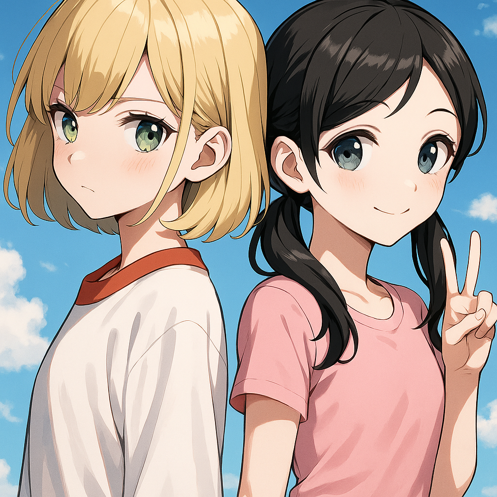 <kana-vOr5>, <sana-yHb2>, anime coloring, back to back, blue sky