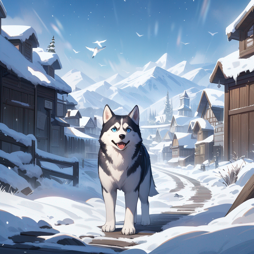A desolate, snow-covered town. (A Siberian Husky with fluffy gray-white fur and icy blue eyes) walks alone down a buried road. The wind blows snow across his paws. He looks up at the sky, where faint birds fly southward.