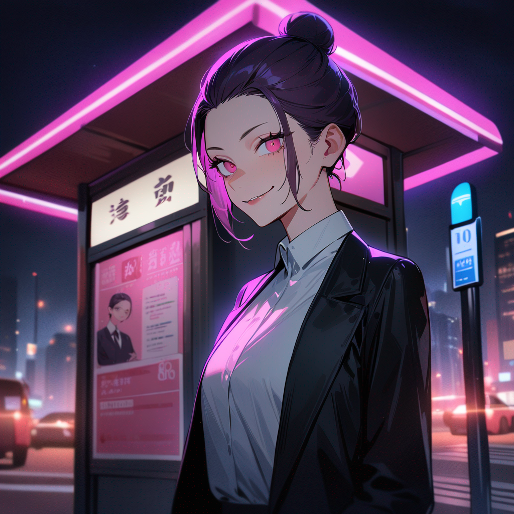 1girl, chainsaw man style, smirk, suit, slicked-back hair, dark purple hair with hot pink patches, bun, hot pink eyes, looking at viewer, night, cityscape, bus stop, 