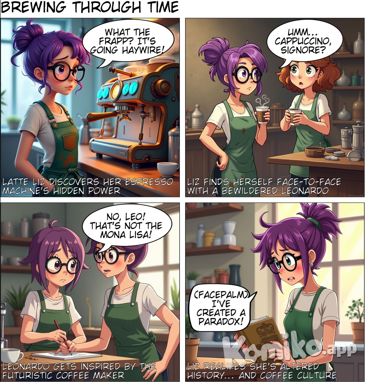 "Time-Traveling Barista":  A coffee shop barista discovers that the espresso machine is actually a time machine. Each unique brew sends her to different historical periods, where she influences events in unexpected and humorous ways.