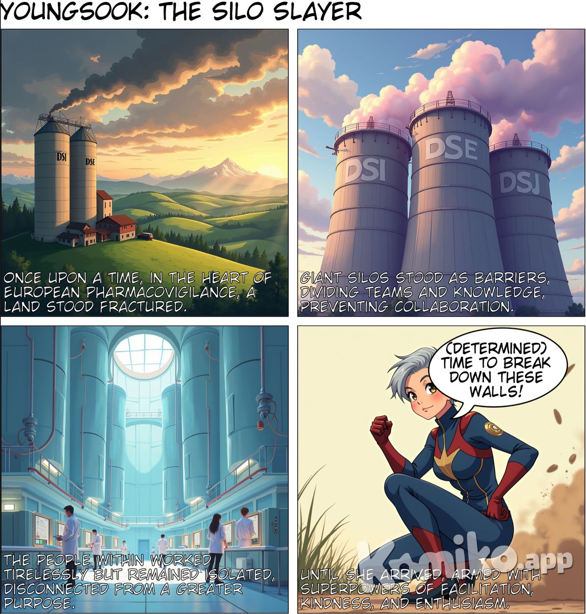 Title: "Youngsook: The Silo Slayer"  Page 1: The Arrival(A grand shot of a farm in Tessin, where giant silos labeled DSI, DSE, and DSJ stand, ominously looming. Smoke is rising from the silos, creating a dramatic and tense atmosphere. The farm is surrounded by rolling green hills, with a distant view of the Alps in the background. The sky is a mix of golden sunset hues and dark storm clouds, hinting at both hope and impending conflict.)Caption: "Once upon a time, in the heart of European Pharmacovigilance, a land of great knowledge and expertise was fractured. Giant silos stood as barriers, dividing teams and knowledge, preventing the flow of collaboration. Each silo—DSI, DSE, and DSJ—was fortified, resistant to change, and held firmly in place by years of rigid traditions. The people within worked tirelessly but remained isolated, disconnected from a greater purpose. The vision of unity seemed like an impossible dream. Until she arrived."  (A dramatic superhero landing shot of Youngsook, known as YS. She is an elderly Korean-American woman with short, neatly styled grey hair. Despite her age, she radiates youthful energy and wisdom. She wears a modern, stylish suit in bold, vibrant colors—deep blue with accents of crimson and gold—signifying her unique blend of authority, warmth, and innovation. Her suit is slightly futuristic but elegant, matching her aura of leadership. Her eyes glow with determination, and she carries a confident yet approachable stance. Behind her, dust and wind swirl around her feet as she lands in the scene, ready for battle.)Caption: "Armed with the unmatched superpowers of facilitation, kindness, enthusiasm, fun, and an ever-cheerful presence, she descended upon the fractured land. She had one mission: to bring down the silos and unite the people into a collaborative force. But her greatest foe lurked in the shadows, unseen yet ever-present..."