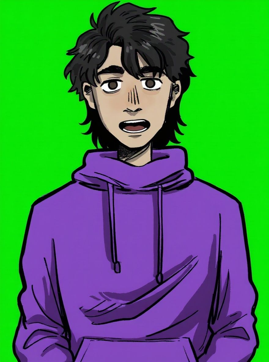 green screen, mouth open, eyes open, speaking contently