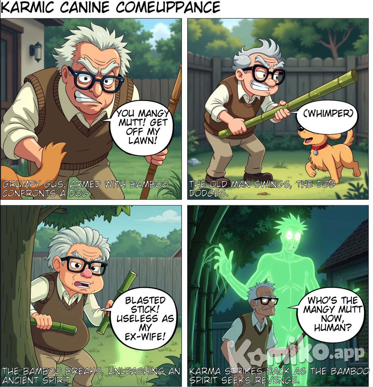 an old man hitting a dog with a bamboo stick