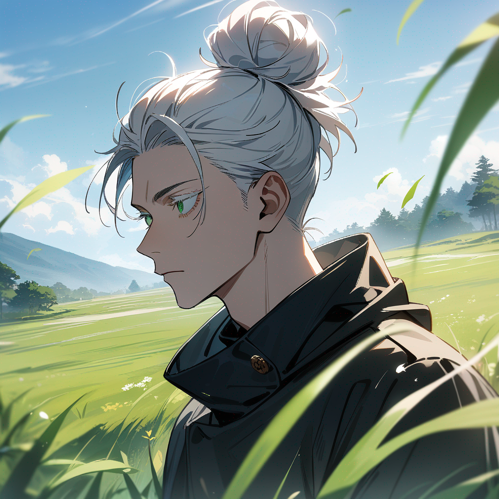 1boy, jujutsu kaisen style, expressionless, neon green eyes, white eyelashes, white hair, green stripes, man bun, grassland, day, , best quality, 4k, masterpiece, highres, detailed, amazing quality, rating: general