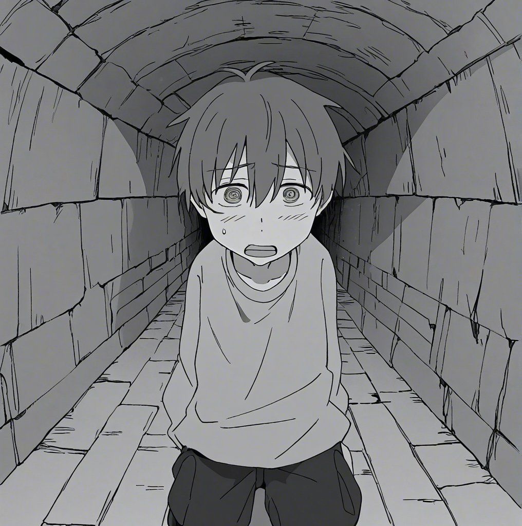 1boy, Un hombre que despierta en la oscuridad (un túnel) no sabe que está pasando y que hacer,está muy rayado , está en el suelo abre los ojos y se levanta para observar donde esta y que está pasando(Con perspectiva)anime coloring, grayscale, shocked, depressed, disappointed, ( ahora abre los ojos) se levanta y no sabe que hacer, tiene mucho miedo ( túnel muy oscuro y miedo ) y de repente ve a alguien ,parece otra persona y ellos miran a los dos(con mucha perspectiva)