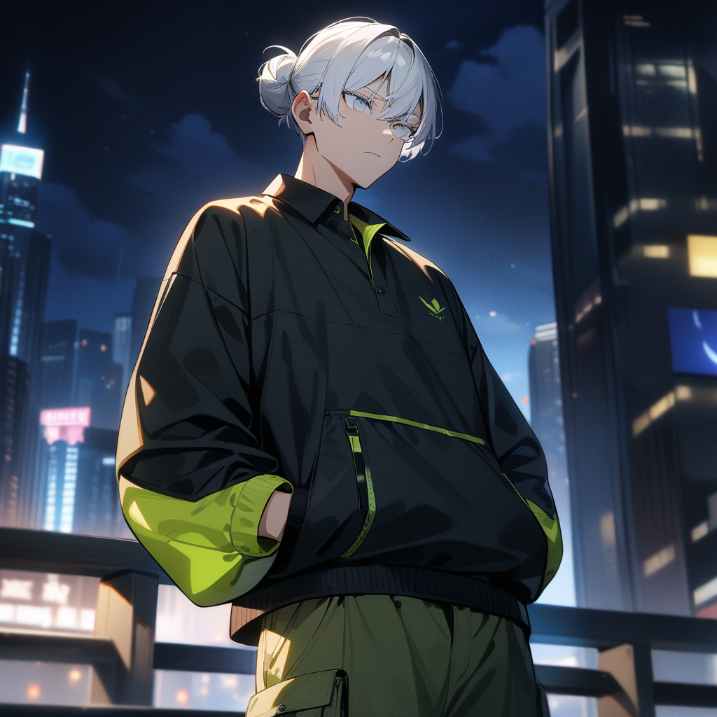 1boy, solo leveling style, hands in pockets, expressionless, polo shirt, cargo pants, man bun, neon green, white hair, white eyelashes, night, cityscape, , best quality, 4k, masterpiece, highres, detailed, amazing quality, rating: general
