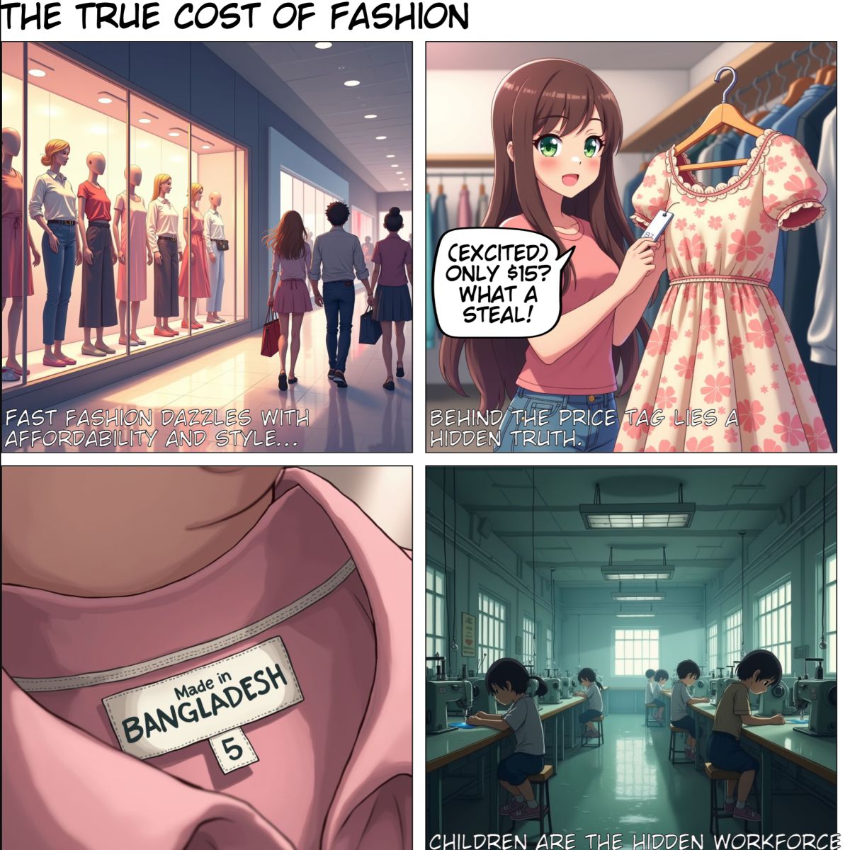 PAGE 1: OPENING - THE ILLUSION OF GLAMOUR
Panel 1:
A bustling mall. Shoppers walk past glittering store windows filled with trendy clothes labeled with low prices.
Narration:
"Fast fashion dazzles with affordability and style..."

Panel 2:
Close-up of a teenage girl, LILA, holding up a cute dress and checking the price tag, smiling.
Narration:
"...but behind the price tag lies a truth rarely seen."

Panel 3:
Extreme zoom on the "Made in ___" label inside the dress.
Narration:
"A truth sewn into every stitch."

PAGE 2: THE FACTORY FLOOR
Panel 1:
A cramped, dimly lit garment factory in a developing country. Young children sit at sewing machines, working tirelessly.
Narration:
"In many parts of the world, children are the hidden workforce behind fast fashion."

Panel 2:
A child, AMIR (12), wipes sweat from his brow as he sews a seam.
Supervisor (off-panel):
"Faster, Amir! Or you don’t get paid today."

Panel 3:
Amir glances at a calendar with no school days marked — only work shifts.
Narration:
"Instead of school, they spend their childhood stitching clothes they’ll never wear."

PAGE 3: A GLOBAL ISSUE
Panel 1:
A world map showing lines from wealthy countries to poorer ones — illustrating supply chains.
Narration:
"Exploitation isn’t isolated. It’s global — enabled by complex, murky supply chains."

Panel 2:
Corporate boardroom. Executives in suits sit around a table, reviewing sales reports.
Exec 1:
"Profits are up — our production costs are down thanks to our overseas partners."

Panel 3:
Zoom in on fine print of a contract between the brand and a supplier: "Vendor is responsible for labor conditions."
Narration:
"Responsibility is often deflected, hidden in vague outsourcing agreements."

PAGE 4: CONSUMER IGNORANCE
Panel 1:
Back to Lila shopping. She carries multiple bags with brand logos — smiling, oblivious.
Narration:
"Consumers fuel the machine — often unaware of what they’re truly supporting."

Panel 2:
Lila scrolls social media. An influencer shows off a “$10 haul.”
Narration:
"Fast fashion thrives on trends and impulse buys."

Panel 3:
Her phone screen flashes an article headline: “Children Found Working in Factory for Major Brand.”
Lila (thought bubble):
“Wait... that’s the store I shop at.”

PAGE 5: THE CONSEQUENCES
Panel 1:
Back to the factory. Amir’s small hands are pricked and bandaged.
Narration:
"The human cost is far greater than the sticker price."

Panel 2:
Amir sees a faded textbook tucked in his bag, long untouched.
Narration:
"Dreams of education, safety, and play — stolen."

Panel 3:
Factory boss hands Amir a small coin.
Boss:
"That’s all you get this week."

PAGE 6: WHY IT CONTINUES
Panel 1:
Government official receiving a briefcase from a factory owner — implied bribery.
Narration:
"Weak regulations and corruption let this system survive."

Panel 2:
A “Labor Inspector” walks past the factory without stopping, talking on the phone.
Inspector:
"Yeah, everything looks fine here."

Panel 3:
A sign on the factory wall: “Certified Ethical Employer.” It’s clearly a facade.
Narration:
"Even labels of ‘ethics’ can be bought."

PAGE 7: PUSHBACK AND HOPE
Panel 1:
A protest outside a brand’s headquarters. Signs read “End Child Labor” and “Fair Fashion Now.”
Narration:
"But awareness is growing. Voices are rising."

Panel 2:
Lila reads more about labor practices, eyes wide in shock.
Lila (thought bubble):
"I had no idea..."

Panel 3:
She deletes the shopping app from her phone.
Lila:
"I can’t support this anymore."

PAGE 8: CONSUMER POWER
Panel 1:
Lila tells her friends about sustainable brands. They listen intently.
Narration:
"Change starts with knowledge — and choices."

Panel 2:
A family mends clothes together at home, smiling.
Narration:
"Reuse. Repair. Rethink."

Panel 3:
Online article titled “10 Ethical Fashion Brands Making a Difference.”
Narration:
"Supporting ethical companies sends a message."

PAGE 9: INDUSTRY RESPONSIBILITY
Panel 1:
A new fashion CEO speaking at a press conference.
CEO:
"We’re introducing full supply chain transparency and committing to living wages."

Panel 2:
Factory in the same country — now brighter, children at school nearby, adults working fairly.
Narration:
"With pressure, the industry can do better."

Panel 3:
A factory label now says: “Made with Fair Labor.”
Narration:
"And accountability begins with transparency."

PAGE 10: THE FUTURE WE CHOOSE
Full-page panel:
A split panel: left side shows Amir as he was — tired, sewing. Right side shows Amir a few years older, in school, smiling.
Narration:
"Every choice we make — as consumers, as industries, as nations — helps write a new story."

Caption (bottom):
"Fair fashion isn’t a dream. It’s a decision."