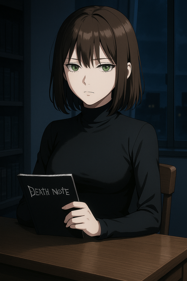 <angeline-Td2c>, death note, death note style, holding a Death Note, sitting on the desk, expressionless, upper body, night, room