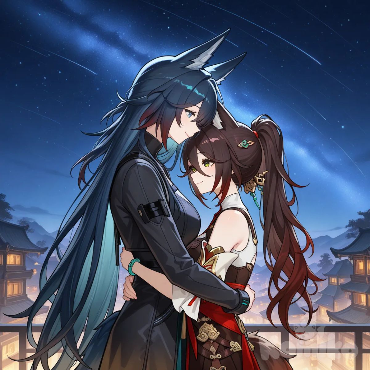 night conditions, tall female, smile, very long hair, fox ears, hugs, tingyun (honkai: star rail), blaze (arknights), cat ears