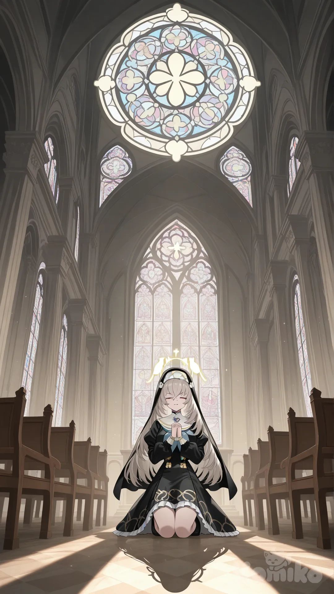 sakurako (blue archive), full body, tall female, church background, better light, far pov, praying