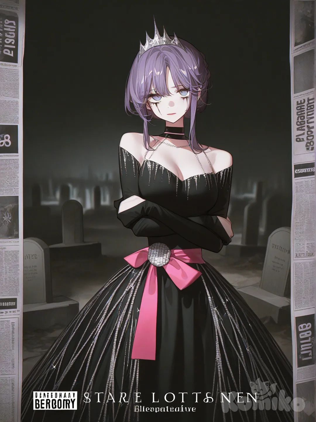 [high-contrast-glossy-style]

🖼️ Image Description: “MISS UNDERSTOOD” — A Reputation in Ruins
The image centers on a striking woman posed like a dethroned beauty queen, her expression caught between defiance and devastation. She wears a sparkling black dress that clings to her figure like armor, sequins catching the light in jagged bursts. Her tiara, slightly askew, glints with a tarnished elegance — more battle-worn than celebratory. Across her chest, a pink satin sash boldly reads “MISS UNDERSTOOD” in capital letters, the font playful yet biting, as if mocking the very idea of pageantry.

Her makeup is smeared, not in a theatrical way but in a raw, emotional aftermath — mascara streaks trailing like bruises of betrayal, lipstick blurred at the edges like a silenced scream. Her gaze is direct, almost confrontational, as if daring the viewer to believe the headlines behind her.

The background is a chaotic collage of newspaper clippings, each one screaming a different label:

“LIAR” in bold black

“DISASTER” in cracked red

“SAVIOR” in hopeful blue

“FRAUD” in jagged white

“SAIEEN” — cryptic, possibly a name or slur, printed in distorted type

These words swirl around her like accusations and contradictions, forming a storm of public opinion. At the top, in bold, almost tombstone-like lettering, the phrase “Here Lies FLORENCE’S REPUTATION” looms — a eulogy, a verdict, a headline.

In the bottom corner, a Parental Advisory sticker has been added — classic black-and-white, like those found on explicit music albums. It reads: “PARENTAL ADVISORY: PUBLIC OPINION MAY BE HAZARDOUS TO YOUR MENTAL HEALTH” This sticker reframes the image as a cautionary tale — a commentary on media, fame, and the fragility of identity under scrutiny.
