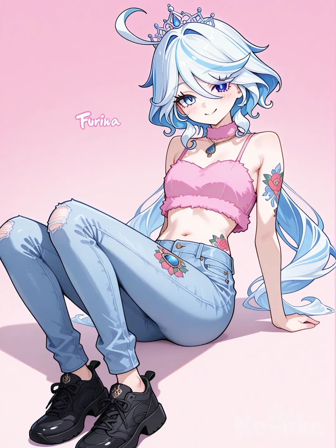 @Furina_(Genshin_Impact) fuzzy pink crop top. pink diamond encrusted tiara, playful tattoos, high waisted jeans, black keds