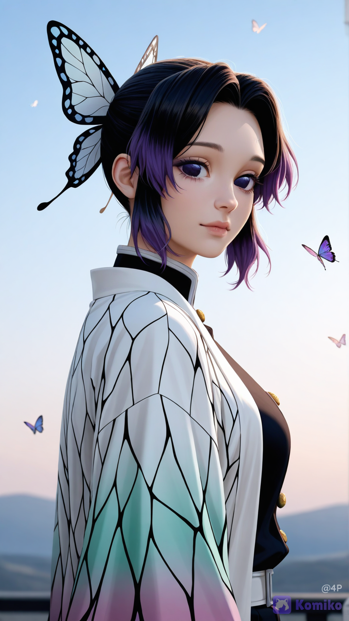 @Butterfree, @Kochou_Shinobu with a cyan background Ultra realistic masterpiece, photorealistic, cinematic lighting, extremely detailed, ultra high resolution, 16K UHD, Full HD quality, hyper detailed skin texture, realistic pores, ultra realistic face, ultra realistic eyes, ultra realistic hair, realistic human body proportions, natural lighting, lifelike shadows, highly detailed facial features, sharp focus, crystal clear image, vivid colors, cinematic atmosphere, realistic depth of field, realistic reflections, realistic textures, professional photography quality, HDR, no blur, extremely sharp details, highly detailed skin, realistic eyelashes, realistic lips, realistic hair strands, natural expression, highly detailed full body portrait, photo-realistic quality, true-to-life appearance, ultra clean image quality, premium visual quality, studio quality rendering.  Faithful to the reference face, preserve facial identity, natural anatomy, realistic skin imperfections, ultra detailed eyes and skin, highly realistic human texture, realistic lighting and shadows, cinematic realism, masterpiece composition, extremely high detail, professional quality.