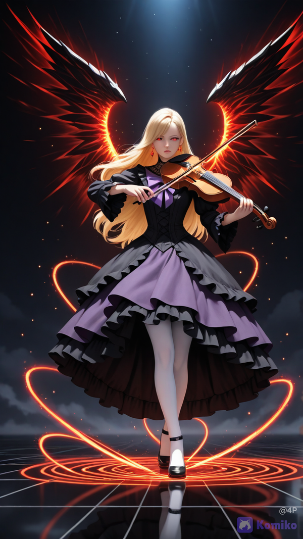 Elegant anime girl with a refined and mysterious appearance, depicted full-body, with a beautiful, sad, or melancholic face. She has dark angel wings, yet appears frail. Her long, bright golden-blonde hair is styled to one side with soft waves and elegant volume. Her eyes are intense crimson red with delicate anime-style eyeliner. She wears a modern gothic-lolita dress in shades of black and purple: a black top with long sleeves and white lace details at the neck and cuffs, small purple bows on the sleeves, and a layered skirt in a combination of black, vibrant purple, and white details with delicate ruffles. She wears long white stockings with subtle vertical lines and elegant black shoes with straps. Geometric red and black earrings complete the look. She is playing a dark crystal violin, moving with professional skill on a reflective black floor (the full-body view should be as close as possible). The abstract dark background is filled with intense red energy and a magically chaotic atmosphere. The scene is covered with luminous curved lines that spiral around the composition, creating a sense of dynamic movement and music flowing in the air. Waves of neon red energy sweep across the scene, forming magical circles, glowing trails, and patterns of incandescent particles. Multiple floating musical notes and luminous musical symbols are scattered throughout the image, emitting an intense red glow. The musical lines appear drawn with liquid light, swirling around the center like magical currents of sound. Highly detailed visual effects: red sparks, subtle electrical energy, glowing particles, dark smoke mixed with scarlet light, motion blur, cinematic flashes, and long exposure effects. The floor features complex arcane circles with ornamental symbols and magical patterns glowing under an infernal red light. A dark and dramatic atmosphere, a blend of musical magic and supernatural energy. Extreme contrast between deep blacks and intense neon reds. A sense of a chaotic yet elegant magical concert. Cinematic vertical composition, volumetric lighting, aggressive glow effects, floating particles, subtle motion blur, and atmospheric depth. Ultra detailed anime fantasy style, heavy visual effects, magical music energy, glowing musical trails, red neon vortex, arcane circles, luminous particles, dynamic energy ribbons, cinematic lighting, dark fantasy atmosphere, high contrast, ultra detailed background effects, abstract magical composition. Tags: red energy effects, musical magic, neon particles, glowing music notes, arcane magic circle, energy vortex, dark fantasy, cinematic glow, anime visual effects, dynamic light trails, chaotic magical atmosphere, high detail effects, abstract magical background Ultra realistic masterpiece, photorealistic, cinematic lighting, extremely detailed, ultra high resolution, 16K UHD, Full HD quality, hyper detailed skin texture, realistic pores, ultra realistic face, ultra realistic eyes, ultra realistic hair, realistic human body proportions, natural lighting, lifelike shadows, highly detailed facial features, sharp focus, crystal clear image, vivid colors, cinematic atmosphere, realistic depth of field, realistic reflections, realistic textures, professional photography quality, HDR, no blur, extremely sharp details, highly detailed skin, realistic eyelashes, realistic lips, realistic hair strands, natural expression, highly detailed full body portrait, photo-realistic quality, true-to-life appearance, ultra clean image quality, premium visual quality, studio quality rendering. Faithful to the reference face, preserve facial identity, natural anatomy, realistic skin imperfections, ultra detailed eyes and skin, highly realistic human texture, realistic lighting and shadows, cinematic realism, masterpiece composition, extremely high detail, professional quality.