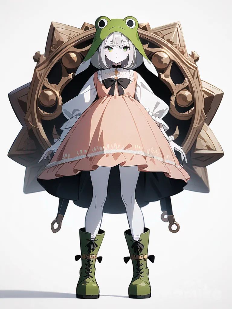 1girl, adult, thin, pale skin, green eyes, frog hat, peach dress, heavy boots, white knee-high socks, bow, pearls, single character, full body, looking at viewer, anime style, simple background, white background