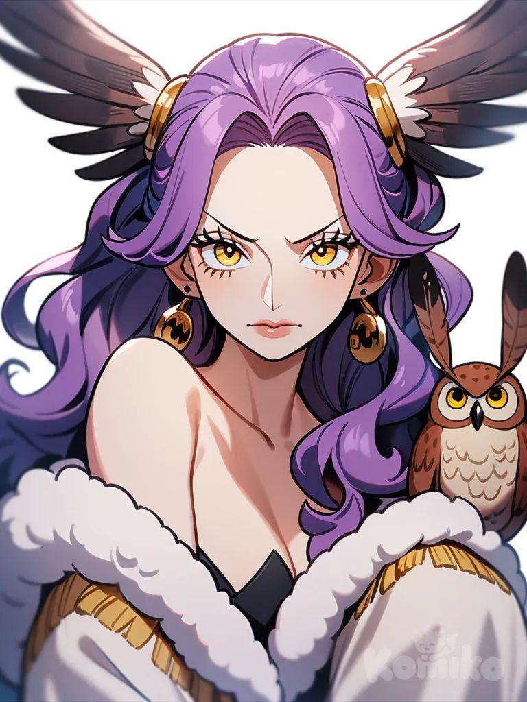 1girl, One Piece style, original character, mature, tall, slim, purple hair, long hair, wavy hair, жёлтые глаза, пушистые ресницы, подводка, острые кончики ушей, fair skin, hair accessory, earrings, совиные перья, single character, full body, looking at viewer, simple background, white background