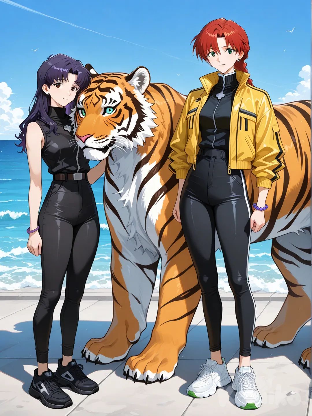 1boy, 1girl, 2people, @Katsuragi_Misato, Евангелион, девушка взрослая, высокая, худая, длинные рыжие волосы, волосы заплетены в длинную косу, ярко-зелёные глаза, спокойствие, чёрная водолазка без рукавов с высоким горлом, чёрные брюки в оптяжку с расширенным низом, кросовки, накинута жёлтая кофта на расстёгнутой молнии, номер 08, серебрянные серёжки, на запястье фиолетовый браслет из круглых камней, стоит на платформе, смотрит на море, рядом с ней стоит большой тигр, Мисато смотрит на неё издалека.