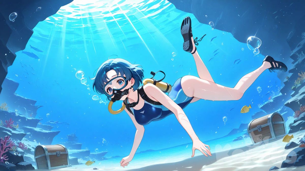 Mizuno Ami, blue one-piece swimsuit, bare legs, full body, diving mask, rebreather, flippers, underwater, shipwreck, treasure chest, fish