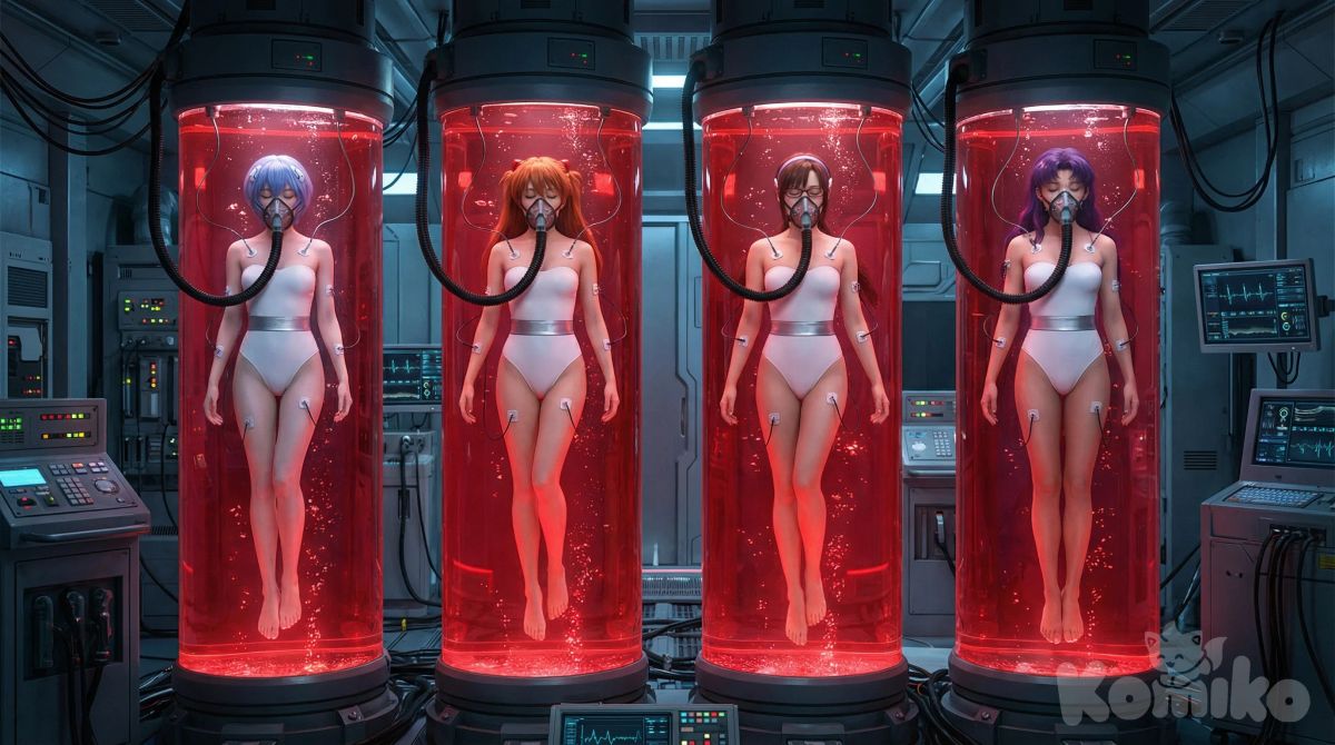 @Ayanami_Rei, @Souryuu_Asuka_Langley, @Makinami_Mari_Illustrious, @Katsuragi_Misato, white leotard, strapless leotard, silver waist, barefoot, laboratory, machine, machinery, in container, stasis tanks, submerged in red liquid, floating, suspended, oxygen mask, no visible mouth, no visible nose, hose from top of inside of stasis tank connected to front of oxygen mask, electrodes (on forehead, chest, arms and legs), cables from top of inside of stasis tank connected to electrodes, closed eyes, sleeping