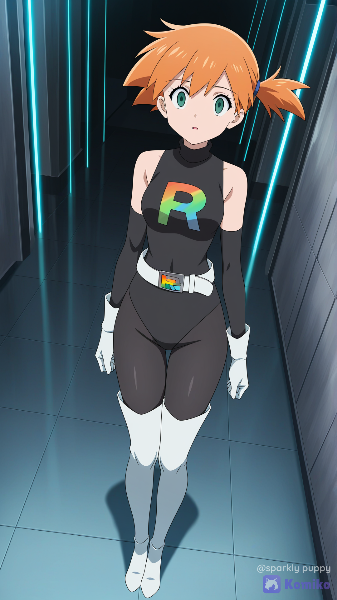 1girl, solo, Misty (Pokemon), black leotard, turtleneck leotard, sleeveless leotard, team rainbow rocket logo, white belt, black arm warmers, white gloves, black leggings, white thigh boots, high heels, empty eyes, mind control, hypnotized, arms at sides, legs together, standing, laboratory background, full body, anime screencap, ambient lighting, cinematic lighting [bold-anime-screencap-style]