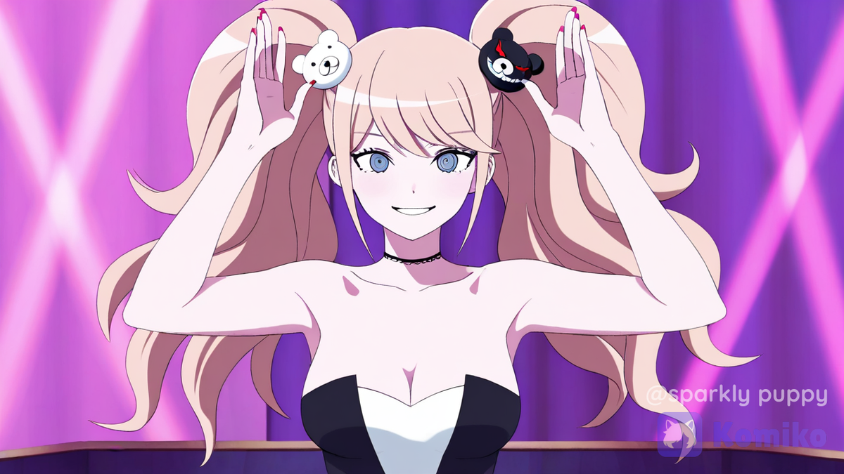 @Enoshima_Junko, white leotard, strapless leotard, silverwaistband barefoot, anime screencap