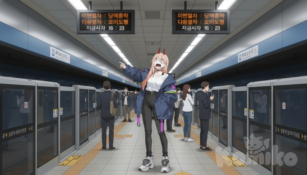 “지금、이 역까지만 운행하는 열차가 들어오고 있습니다。 The train arriving terminates here。”