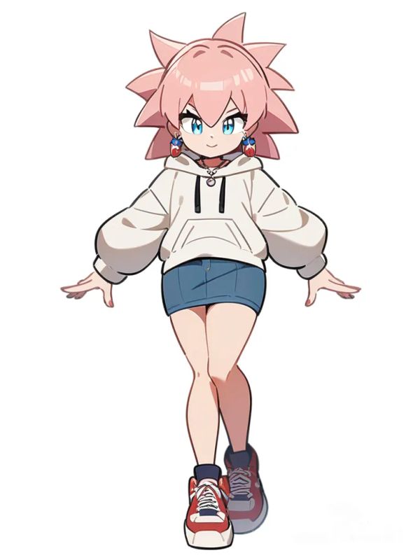 1girl, Sonic the Hedgehog original character, anthropomorphic animal, teenager, curvy, pink hair, blue eyes, hoodie, denim skirt, earrings, necklace, short, single character, full body, looking at viewer, anime style, simple background, white background