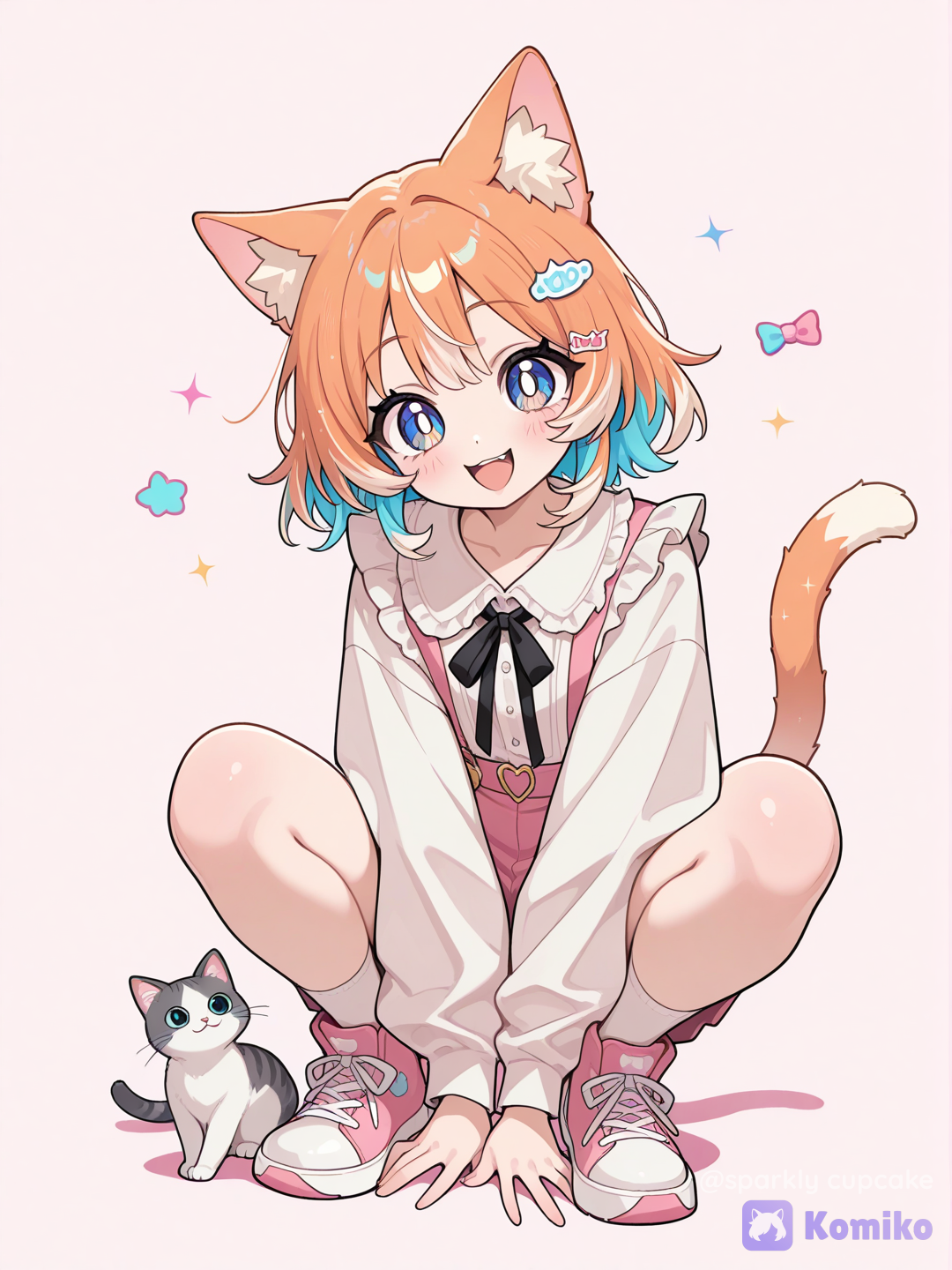 cat, cartoon character, cute, big eyes, playful stance, cheerful colors